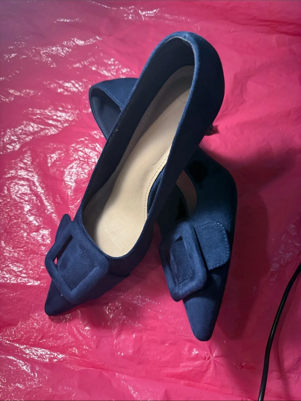 Women's Navy Pointed Toe Buckle Flats